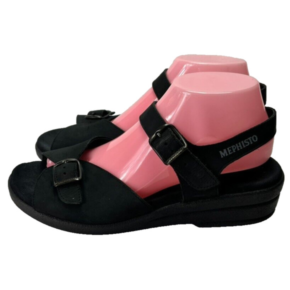 Mephisto Sandals Womens 10 Adjustable Double Strap Buckle Nubuck Leather Black - Picture 2 of 15